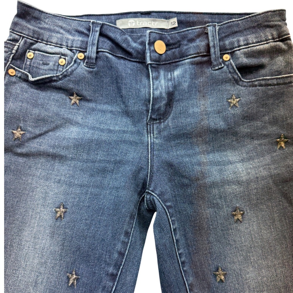 Tractr Skinny Jeans Girls 12 Blue Star Embroidered Frayed Hem Denim Pants - Picture 4 of 5
